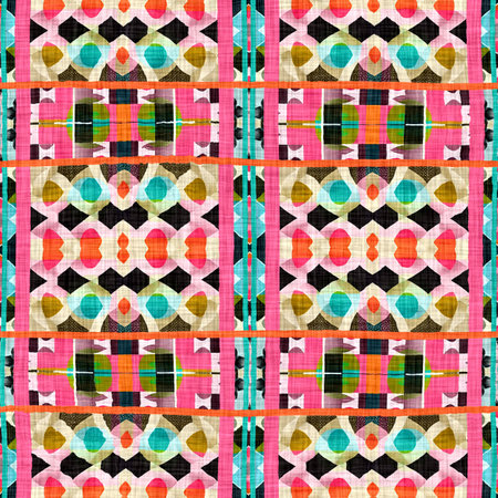 Kitsch pattern geometric retro design in seamless background. Trendy modern boho geo in vibrant colorful graphic illustration. Repeat tile for patchwork effect swatch.の写真素材
