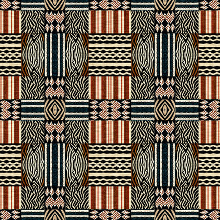 African kente cloth patchwork effect pattern. Seamless geometric quilt fabric all over background. Patched boho rug safari shirt repetitive tile swatchの写真素材