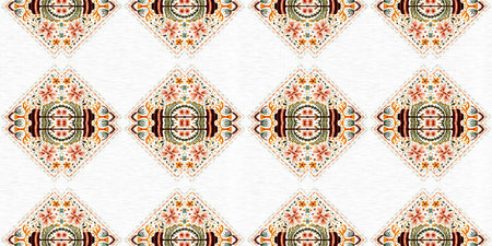 Boho botanical cottage core seamless border. Trendy decorative folklore trim. Small ditsy geo flowers for illustration edging.の写真素材