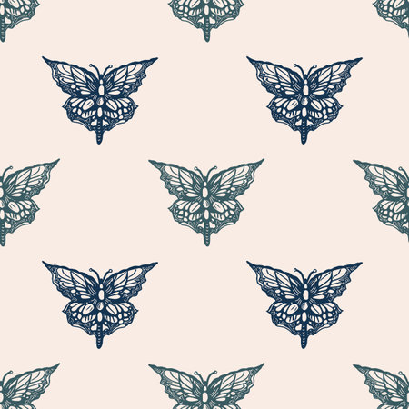 Retro butterfly seamless pattern. 70s style ecological insect garden wildlife wallpaper. Earthy decorative lepidoptera tile.のイラスト素材