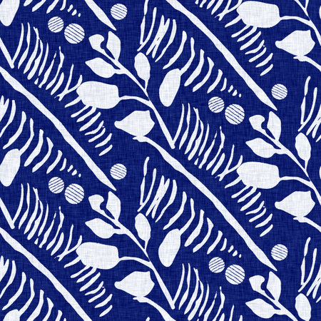 Indigo denim blue leaf motif seamless pattern. Japanese dye batik fabric style effect print background swatch.の写真素材