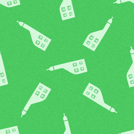 Modern house summer abstract shape fresh green color seamless pattern with cloth fabric linen effect. Vibrant fresh childish town design for hand drawn textile motif template.の写真素材