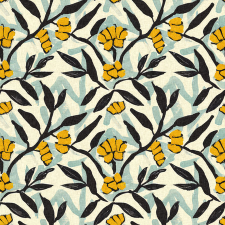 Modern printed fabric wildflower blockprint pattern with linen fabric textures. Stylized hand drawn boho dark florals for decorative design elements in repeatable background tile.の写真素材