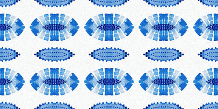 Indigo blue tie-dye handmade textile seamless border. Asian style abstract blotched dyed effect...