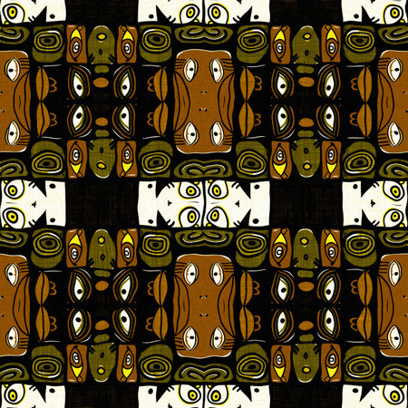 Modern tribal shape mud cloth effect seamless pattern. Stylized Shape doodle in khaki brown color background design of printed patterned fabric repeat.の写真素材