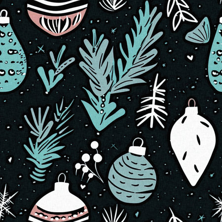 Elegant winter christmas greenery seamless pattern with snow template element design. Festive rustic textile foliage pattern with tree, snowflake and decorative cloth fabric texture background.の写真素材