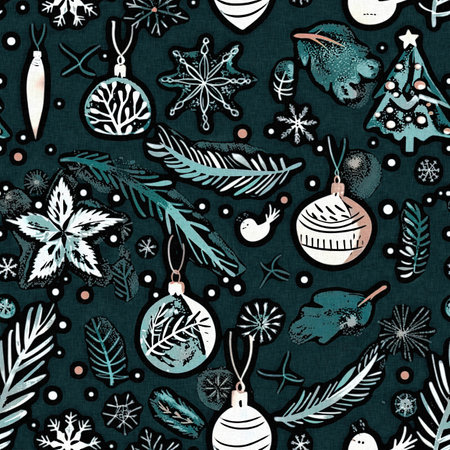 Elegant winter christmas greenery seamless pattern with snow template element design. Festive rustic textile foliage pattern with tree, snowflake and decorative cloth fabric texture background.の写真素材