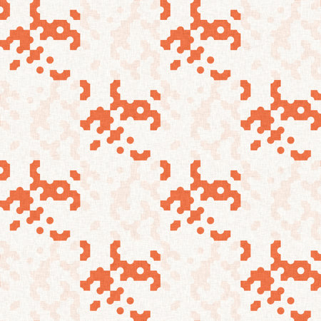 Faded peach fuzz glitch geo washed effect seamless pattern. Orange dye grungy blotched distress abstract background texture repeat.の写真素材