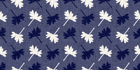Indigo denim blue leaf motif seamless border. Japanese dye batik fabric style effect print edging...