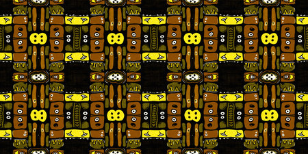 Modern tribal shape mud cloth border effect seamless pattern. Stylized shape doodle in khaki brown...