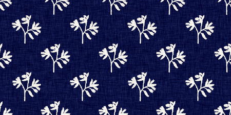 Indigo denim blue leaf motif seamless border. Japanese dye batik fabric style effect print edging swatch.の写真素材