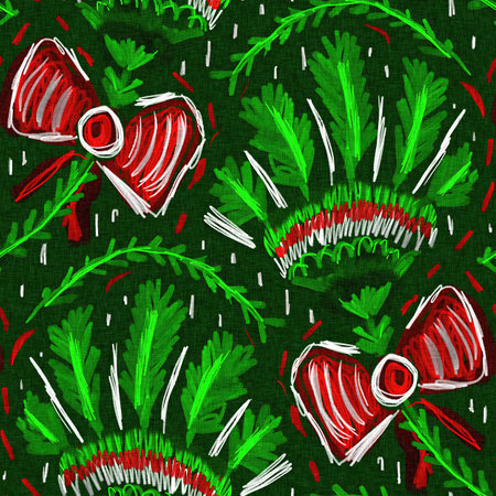 Modern christmas foliage fir branch in traditional red green colors for festive home decor. Scandi bright yuletide holiday background in repeatable tile swatch.の写真素材