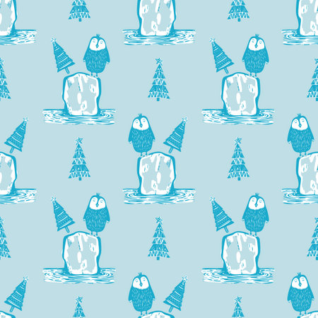 Cute winter penguin icon pattern for seasonal whimsical graphic designs. Hand drawn nordic animal for cold snowy mood holiday background.のイラスト素材