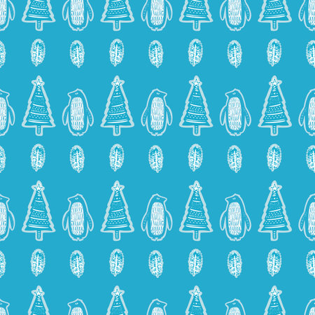 Cute winter penguin icon pattern for seasonal whimsical graphic designs. Hand drawn nordic animal...