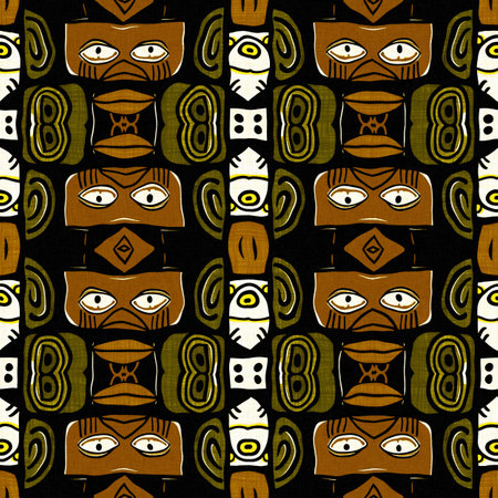 Modern tribal shape mud cloth effect seamless pattern. Stylized Shape doodle in khaki brown color background design of printed patterned fabric repeat.の写真素材