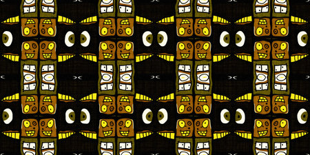 Modern tribal shape mud cloth border effect seamless pattern. Stylized shape doodle in khaki brown...