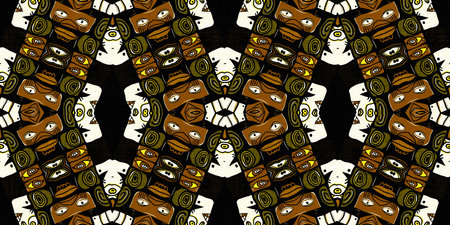 Modern tribal shape mud cloth border effect seamless pattern. Stylized shape doodle in khaki brown...