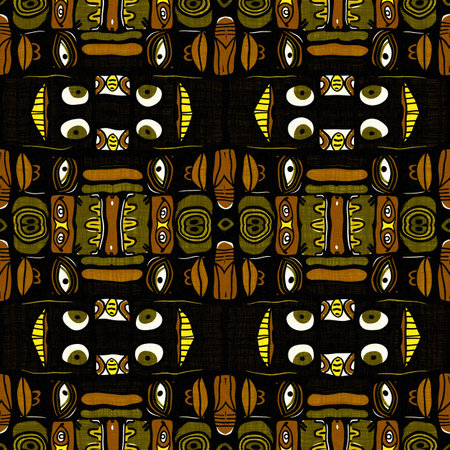 Modern tribal shape mud cloth effect seamless pattern. Stylized Shape doodle in khaki brown color background design of printed patterned fabric repeat.の写真素材