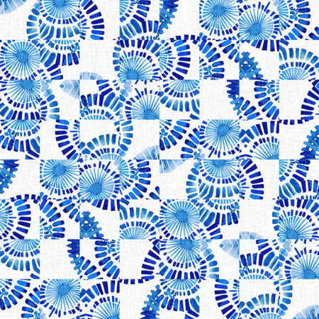 Japanese indigo geometric pattern. Irregular washed batik hand drawn textile for blue white all over...