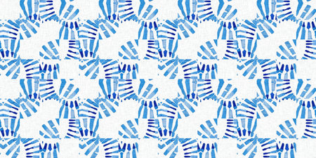 Japanese indigo geometric seamless border. Irregular washed batik hand drawn textile for blue white...