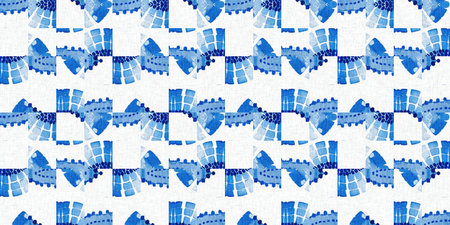 Japanese indigo geometric seamless border. Irregular washed batik hand drawn textile for blue white...