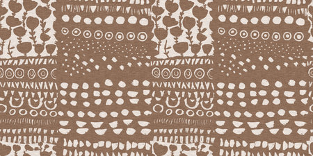 Calm scribble shape minimal shape seamless border pattern. Gender neutral baby floral natural brown linen banner background. Scandi style sketch doodle wash tape edging trim.の写真素材
