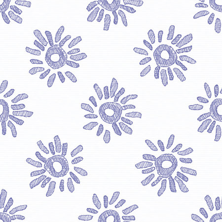 Baby blue doodle sunshine seamless pattern. Whimsical hand drawn decorative newborn nursery design....