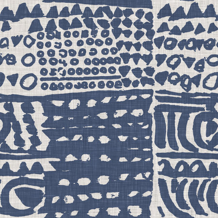 French blue abstract scribble linen seamless pattern. 2 tone country cottage style motif. Simple vintage rustic farmhouse fabric textile effect. Primitive modern shabby chic furnishing cloth designの写真素材