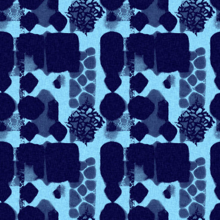 Abstract indigo blue batik dye seamless pattern, Organic bleed effect dyed wash background.の写真素材