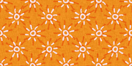 Bright orange sunny sky seamless border. Freehand playful nursery sunshine summer banner.