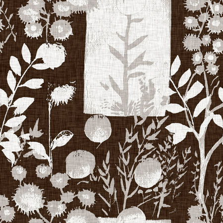 Winter floral in grey brown tones seamless pattern. Modern stylised botanicals woven cover allover print. Masculine wildflower garden design.の写真素材
