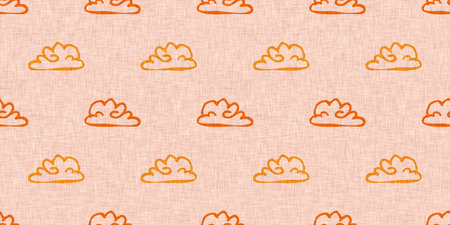 Bright orange cloud seamless banner. Freehand playful nursery sky border.の写真素材