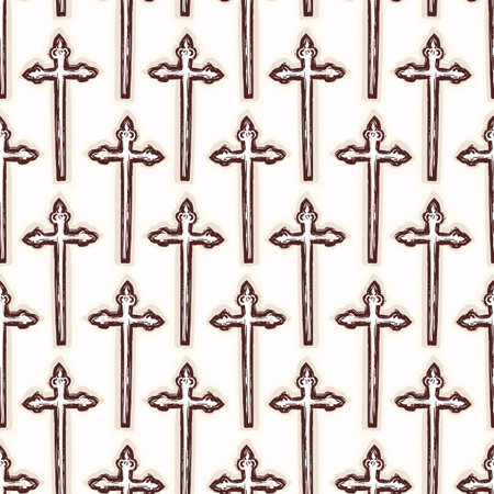 Hand drawn village church landscape scene with christian cross on bell tower. Black and white isolated vector motif for chapel, shrine Christian pilgrimage sanctuary symbol. European camion travelのイラスト素材