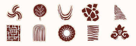 Hand drawn abstract swirl accent flourish illustration motif set. Ethnic block print style line windmill shape. Isolated flat vector editable. Decorative modern style creative boho sticker collectionのイラスト素材