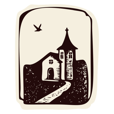 Hand drawn village church landscape scene with christian cross on bell tower. Black and white isolated vector motif for chapel, shrine Christian pilgrimage sanctuary symbol. European camion travelのイラスト素材