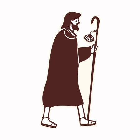 Biblical figure of saint james with pilgrims shell, staff, cloak walking on pilgrimage road. Hand drawn isolated vector icon for Santiago de Compostela sticker credencial passport symbol travel iconのイラスト素材