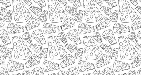 Black and white seamless pattern with linear icons of cheeses. Stylish minimalist background for grocery store, diner, restaurant, market, advertising, banner template design. Funny print for clothesのイラスト素材