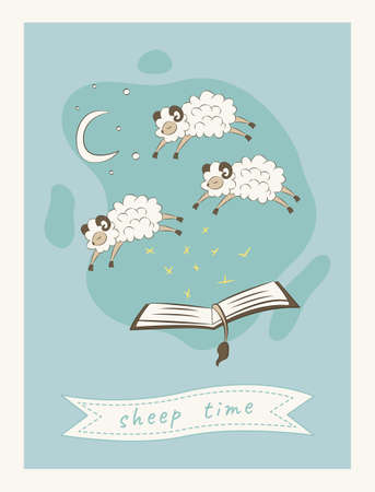 Funny fluffy sheep fly across the sky. Counting sheep at night for a good night's sleep. Cute and cozy poster for a children's bedroom. Cover for a book, fairy tale. Sign for children's storeのイラスト素材