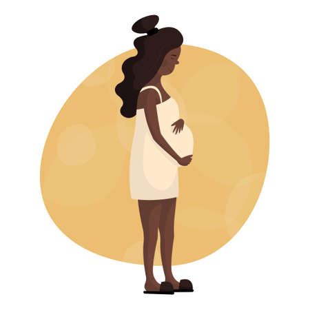 Beautiful pregnant young black woman holding her hands on her belly. Happy pregnancy, childbirth and motherhood. Cute girl smiles and rejoices. Flat illustration for design labels, banner, billboardのイラスト素材