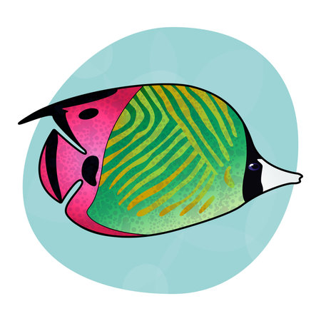 Cool green and pink tropical sea fish Threadfin Butterflyfish. Beautiful print for clothes, cups,...