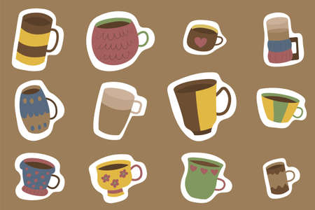 Large set of mugs and cups for tea or coffee. Vector illustration in the style of hand draw and boho. Cute cozy stickers and cliparts for coffee shop. Coffee time. Tea party. Children's drawing.のイラスト素材