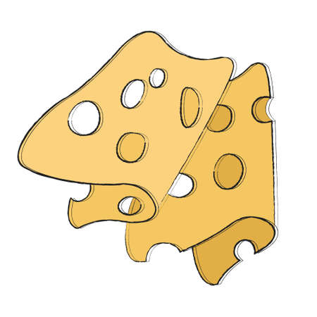 Appetizing beautiful piece of yellow hard royal cheese with big holes. Slicing cheese for a beer, wine plate. Simple icon with food for menu, brochure, website, advertising. Hand drawing, doodle, flatのイラスト素材