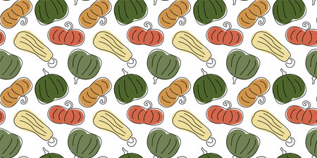 Funny festive autumn seamless pattern with pumpkins of different shapes and colors. Cool print for greeting cards, posters and banner ads for Thanksgiving. Stylish ornament for fashionable clothesのイラスト素材