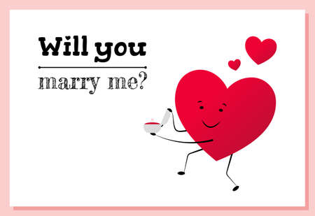 Gift card with inscription You will marry me. Red heart in love makes proposal. Boyfriend gives a wedding ring standing on his knees. Original gift for Valentine's Day. Creative proposal of hand.のイラスト素材