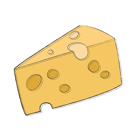 Golden yellow triangular piece of royal cheese with large holes. Linear flat food icon with filling. Illustration for packaging, sticker, store design, banner, price tag, brochure, catalog.のイラスト素材