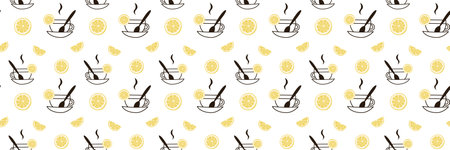 Tea seamless pattern with yellow slices of lemon and a cup with a spoon. Cute background, print for...