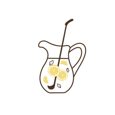 Simple minimalist icon of a glass jug with lemonade. Preparation of a traditional summer refreshing drink from lemons, mint and carbonated water. Stirring the liquid with a ladle. Fresh lemon juiceのイラスト素材