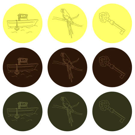 Ready to use simple travel icons. Highlight design for social networks. Illustrations for logo, emblem, label, sticker, website button. Image of a ship, a parrot, an ancient key. Summer holiday objectのイラスト素材