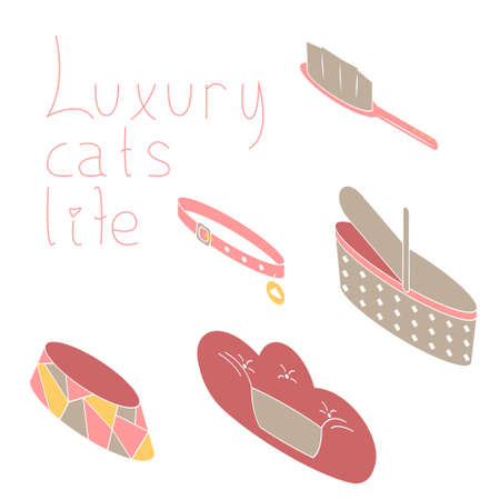 Collection of simple flat icons in isometric perspective. Set of cute objects, elements, items for cats and pets.のイラスト素材