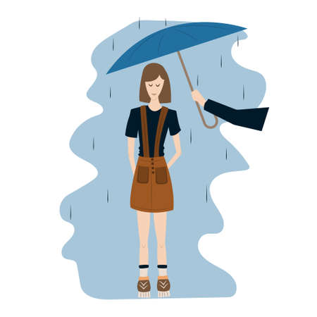 Beautiful schoolgirl stands happy in the rain. A man hands an umbrella to a young woman. White teen girl in sundress and sneakers. Fashion flat illustration. Funny print. Images for book, magazineのイラスト素材